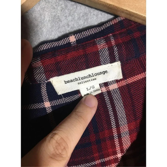Womens Beachlunchlounge Button Up Shirt Red Plaid Casual Spring Transitional - Picture 2 of 5